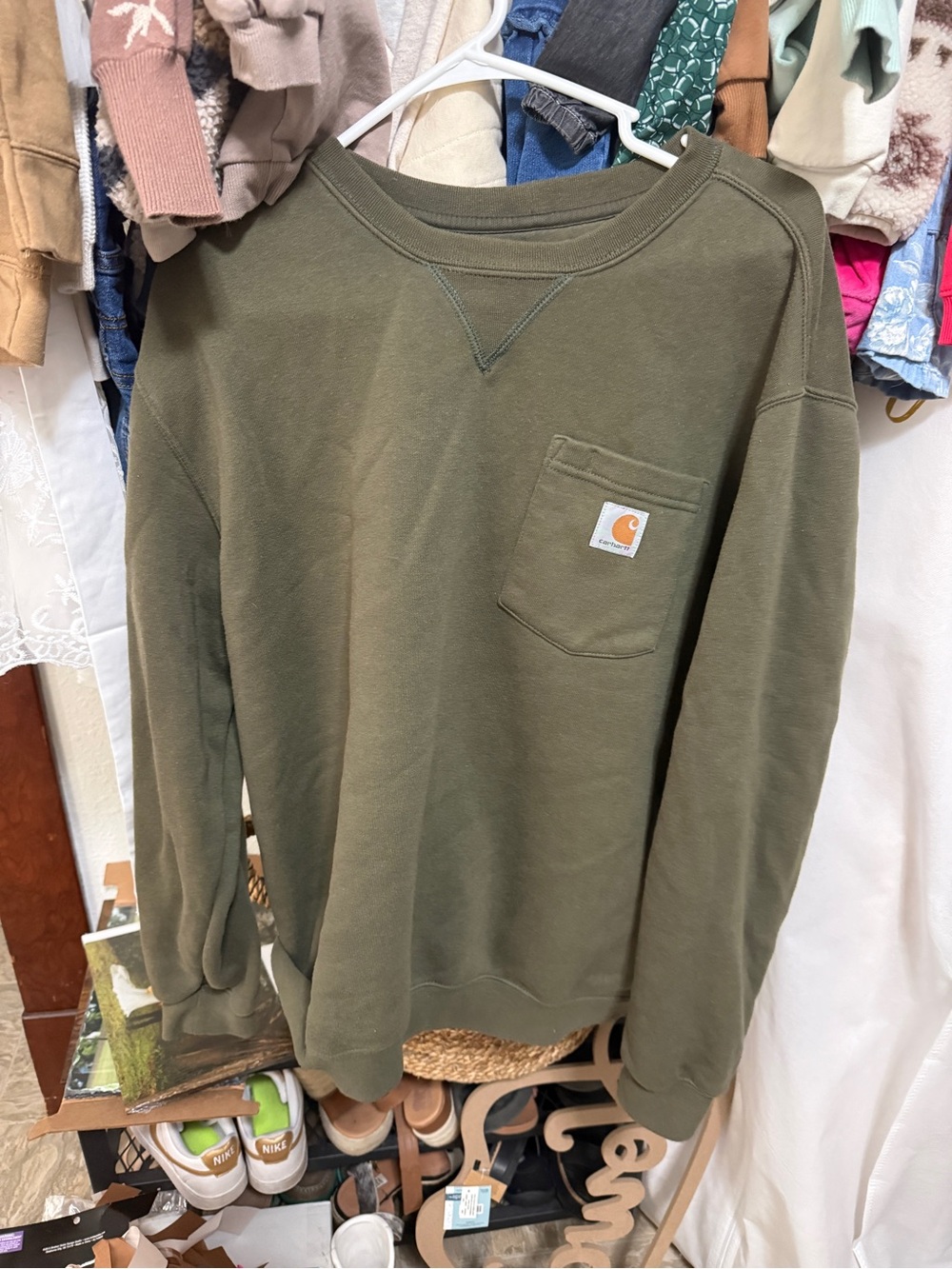 Carhartt Olive Crewneck Sweatshirt with Logo Tag